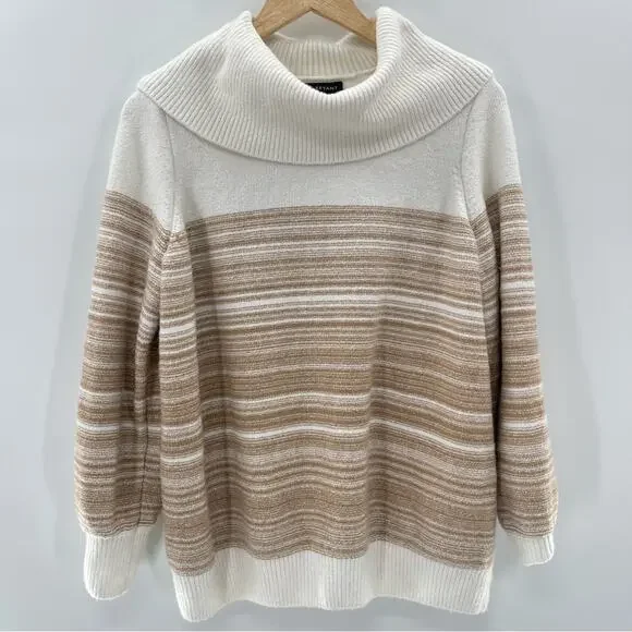 NWT Lane Bryant Cowlneck Striped Cozy Soft White Tan Warm Sweater Size 14/16 - Picture 2 of 13